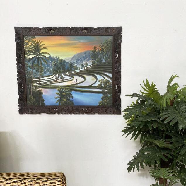 バリ絵画 風景画 棚田 ライステラス 夕日 木彫りフレーム付 W120