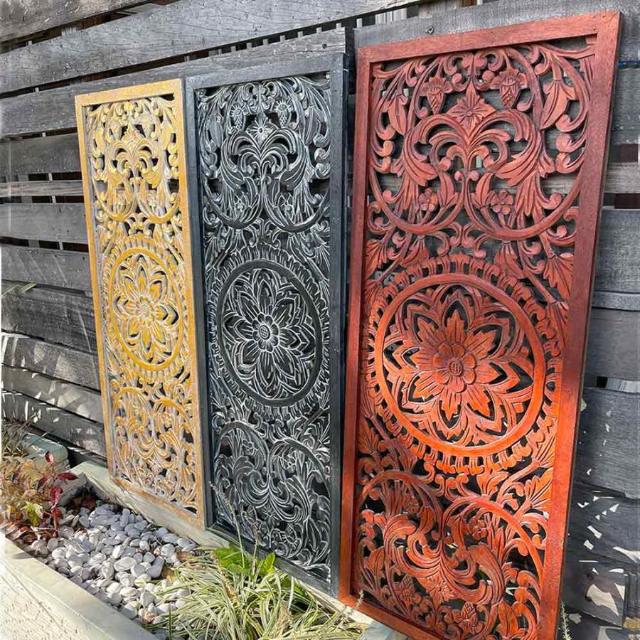 木製 レリーフ 透かし彫り H100×W40cm 3色 大型 アジアン 彫刻 パネル