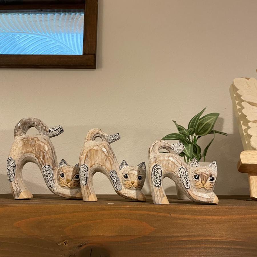 木彫り ネコ3体セット インテリア 置き物 木製オブジェ アジアン バリ