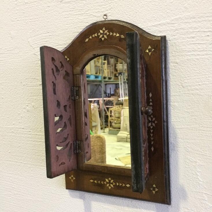 鏡 ミラー デザイン壁掛け 扉付き 両開き 木製 ウォールミラー