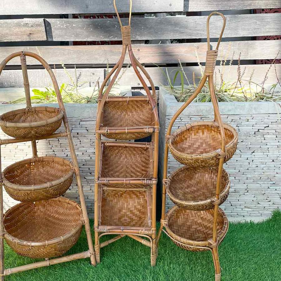 ラタン 3段 シェルフ コーナーラック H80cm 竹製品 バンブーインテリア