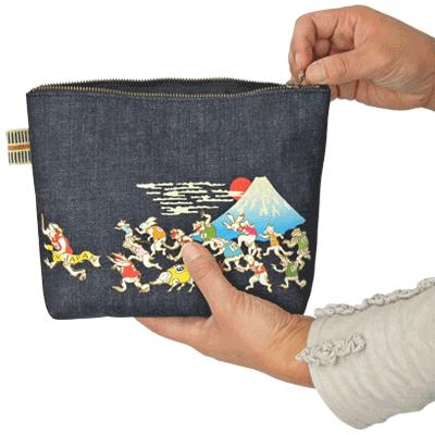 真田紐デニムポーチカラープリント 日本製 小物入れ レトロ 和柄 家紋