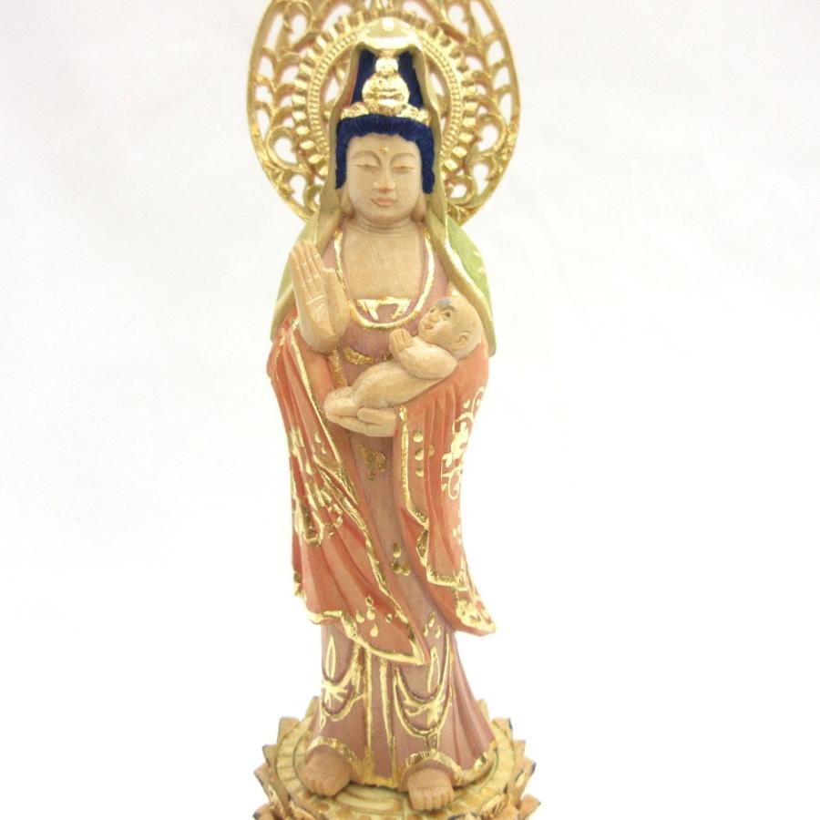 仏像 慈母観音菩薩 立像 総高21cm 宝珠光背 円台 桧木淡彩色 子安観音