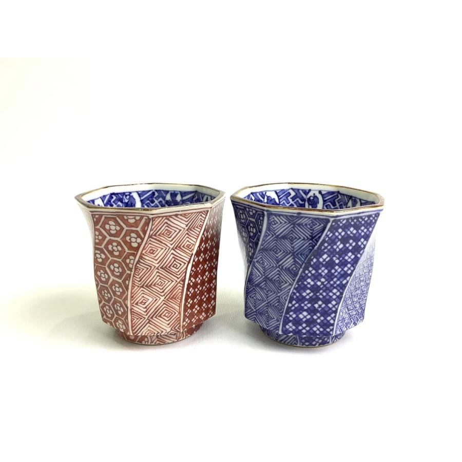 京焼・清水焼 加藤雲泉（雲泉窯） 染赤小紋捻八角組湯呑 : 京焼