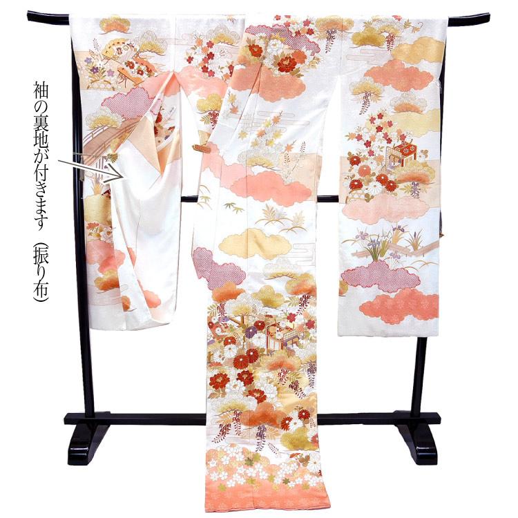 決算セール】藤井 寛 手描 友禅正絹振袖 御所車 f-881 仕立て付き 白地