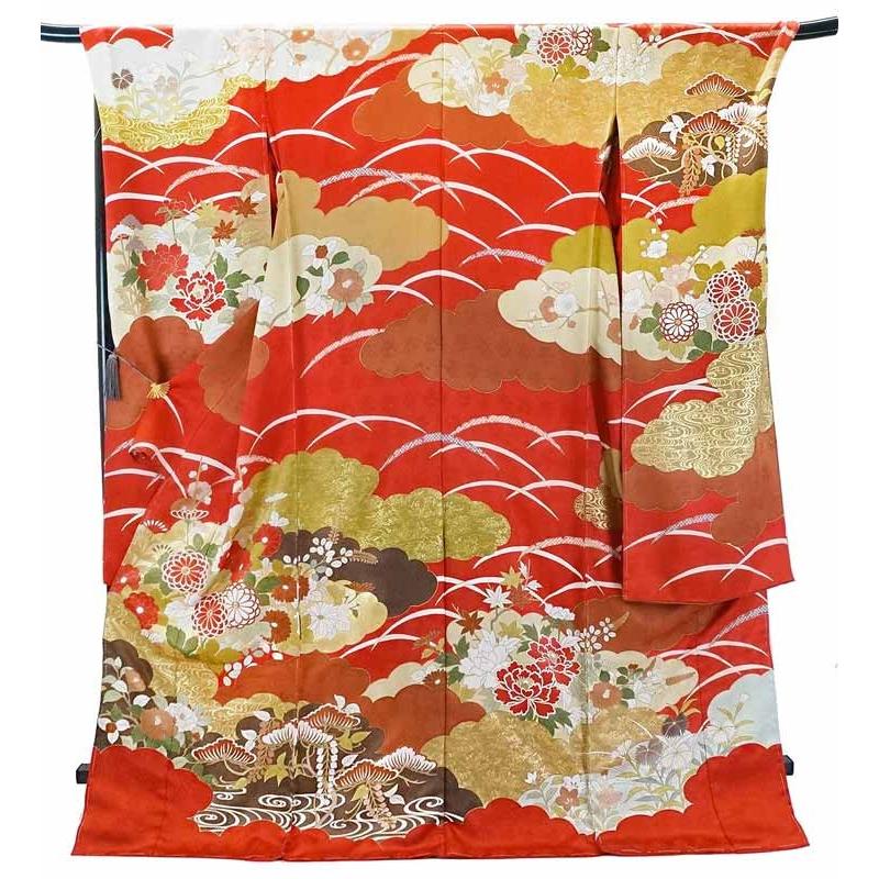 藤井寛 手描 友禅正絹振袖 f-559 袴プレゼント！ 仕立付き 5年保証 赤