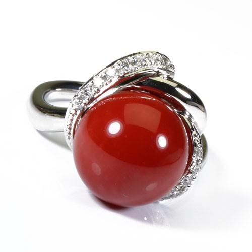 宝石珊瑚のSANSUI 赤珊瑚 日本産 リング 指輪 丸玉 Pt900 プラチナ 無