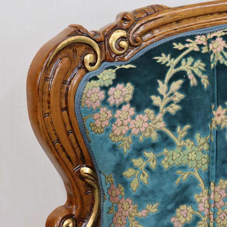 イタリア 3Pソファ 金華山・ブルー 3P アンティーク 家具 猫脚 3人がけ