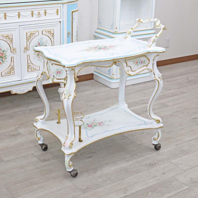 ロココ ワゴン トロリー ワインホルダー 収納付き 猫脚 白家具 姫系