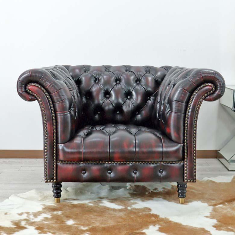 総革張りソファー チェスターフィールド レッド 1人掛け 一人掛け 本革