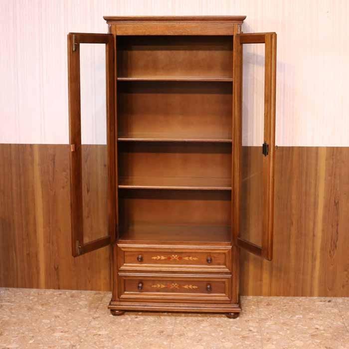 イタリア ブックケース 本棚 茶 象嵌 扉付き キャビネット 丸脚 完成品