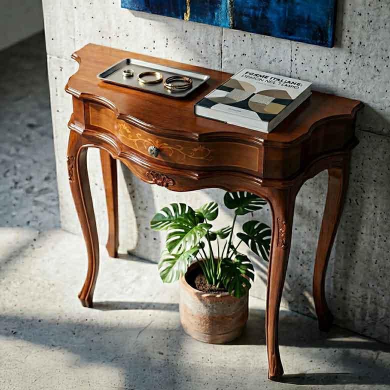 イタリア コンソール 象嵌 88cm猫脚 アンティーク 050 引き出し付き