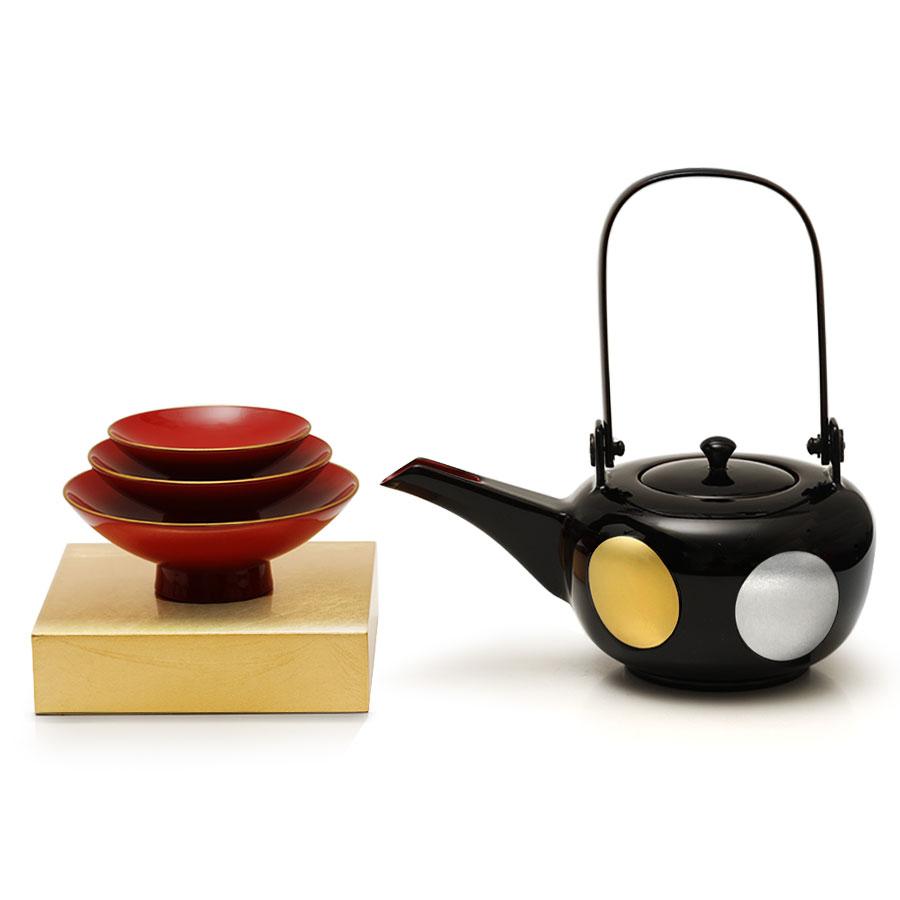 山田平安堂 屠蘇器セット 吉々丸（銚子＋三ツ組盃＋盃台） : 漆器 山田