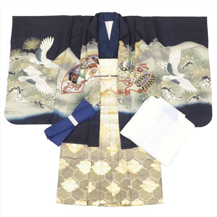 七五三 男の子 5歳 4点セット 化繊 着物 羽織 袴 長襦袢 腰紐付き 美品