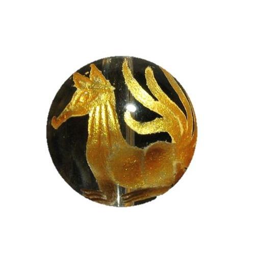 九尾の狐 手彫り玉 水晶 金色入り 12mm 彫刻 一粒売りビーズ 天然石