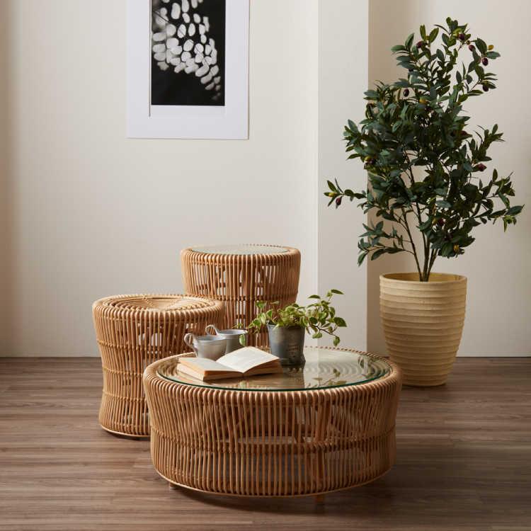 ローテーブル 円形 幅70cm 和風アジアン（ガラス天板＆ラタン製／完成