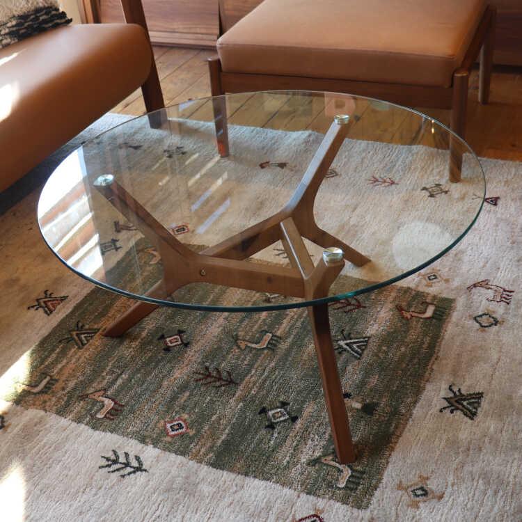 リビングテーブル 丸 ガラス おしゃれ 直径80cm 木脚 ミッド