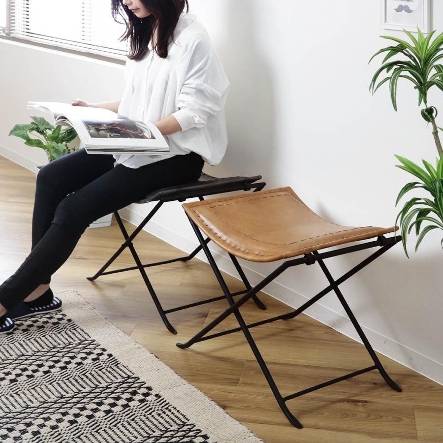 折りたたみ椅子 高さ44cm レザー アイアン アンティーク調 （ スツール