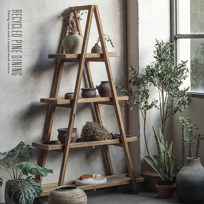 オープンシェルフ 4段 ディスプレイラック 無垢 古木 古材 木製 脚立型