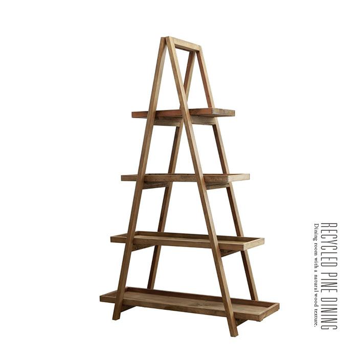 オープンシェルフ 4段 ディスプレイラック 無垢 古木 古材 木製 脚立型