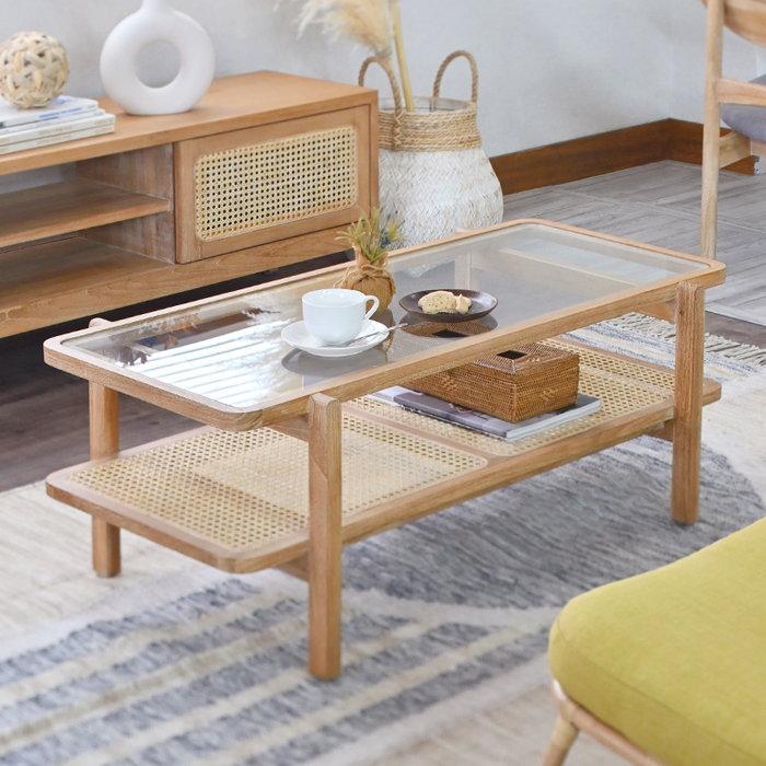 ガラス センターテーブル 幅100cm 完成品 ラタン チーク カゴメ網み 籐