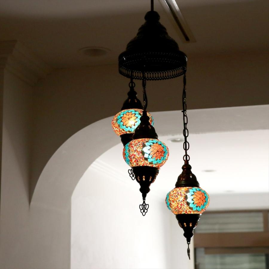 モザイクランプ トルコランプ シャンデリア 3灯 ピンク&ブルー