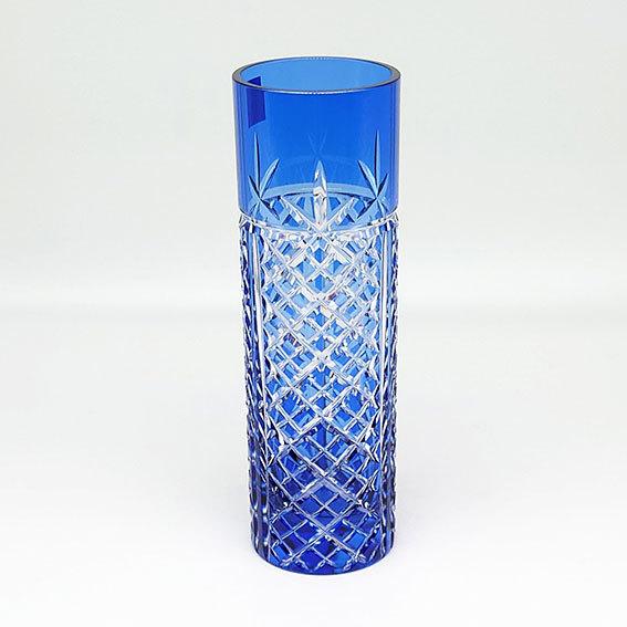 KAGAMI カガミ 江戸切子 一輪挿 矢来重紋 青 木箱入 色被せガラス