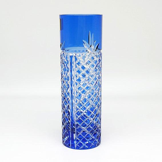 KAGAMI カガミ 江戸切子 一輪挿 矢来重紋 青 木箱入 色被せガラス