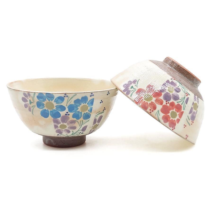 京焼 清水焼 お茶碗 ペア 櫛目 草花 花柄 夫婦茶碗 結婚祝い おしゃれ