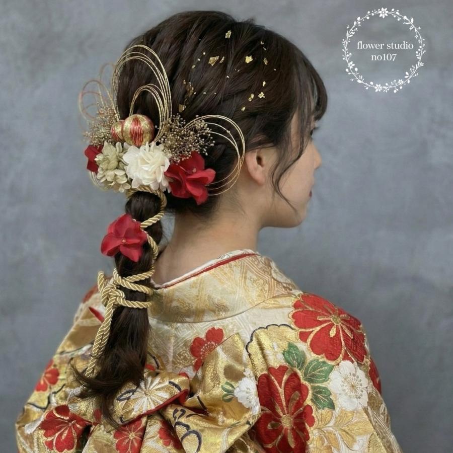 髪飾り レッド×ゴールド 水引き 金箔シート 髪飾り 成人式 卒業式