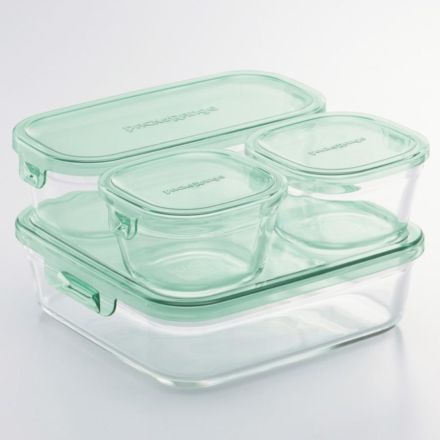 iwaki（イワキ） 保存容器 角型4点セット グリーン 耐熱ガラス パック