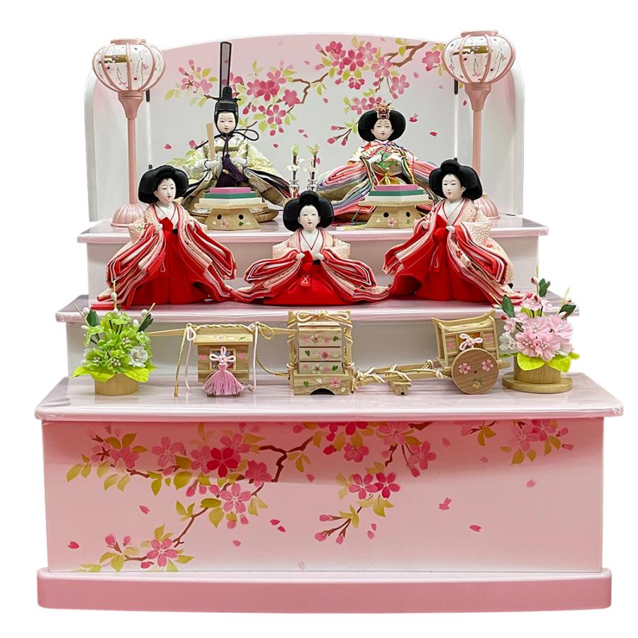 雛人形 コンパクト 白 ピンク ひな人形 三段飾り 収納飾り 桜柄