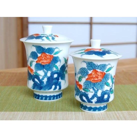 蓋付き湯呑み 木箱入り 有田焼 色鍋島岩牡丹 ペア湯のみ : 有田焼や