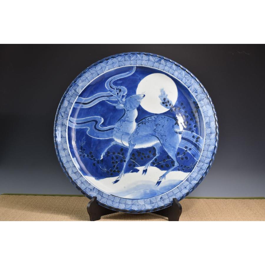 古伊万里 大皿 骨董品 ○名品 ≪ 鹿 月 花 ≫ 大明成化年製 染付 直径
