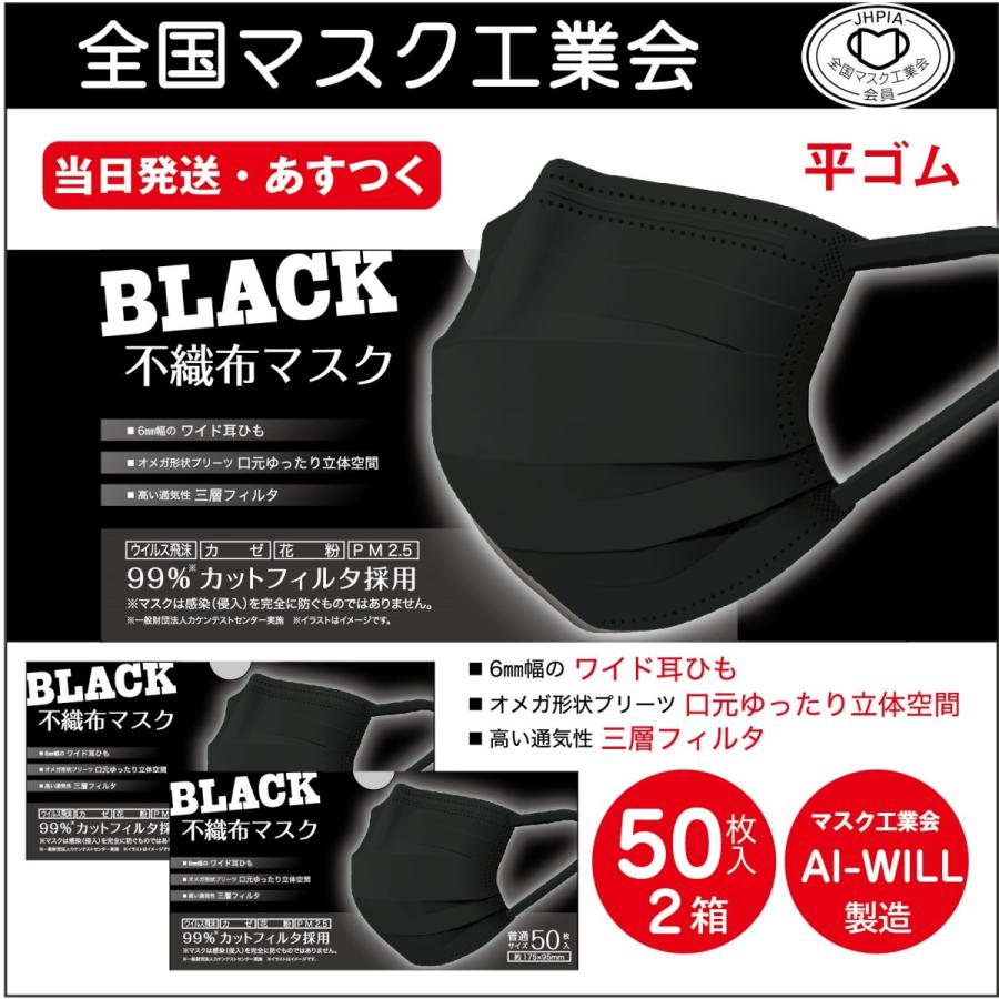 黒50枚 2箱セット】不織布 50枚入 マスク工業会 AI-WILL製 3層構造