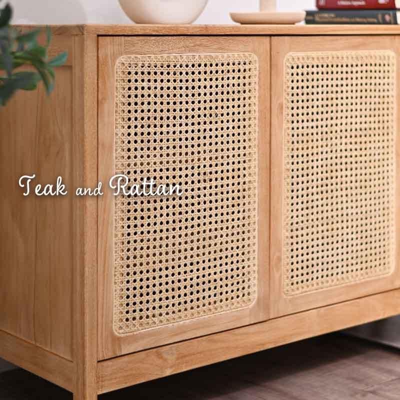 開梱設置無料 チーク無垢とラタンのチェスト 120cm幅 キャビネット