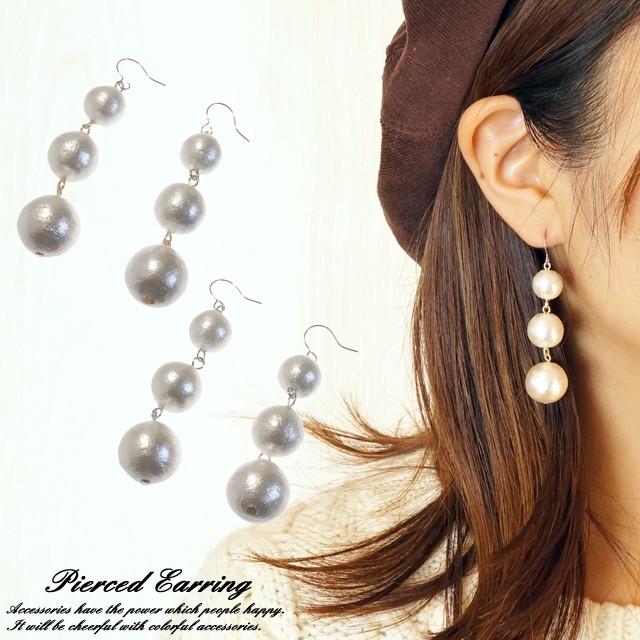 ピアス コットンパール 10mm 12mm 14mm 3連 3粒 サージカルステンレス