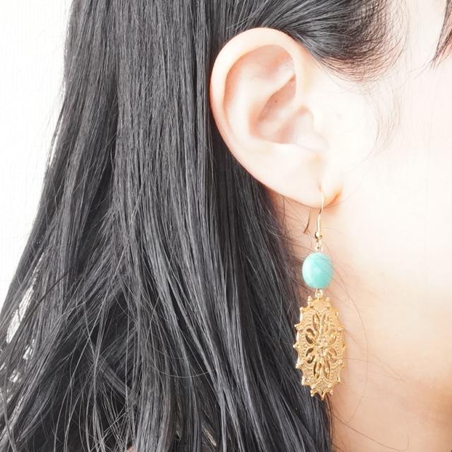 ピアス ターコイズ エスニック 太陽 フラワー 大きめ 大ぶり 夏