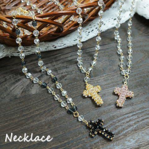 ネックレス カットビーズ クロス 十字架 ビーズ ロングネックレス 春