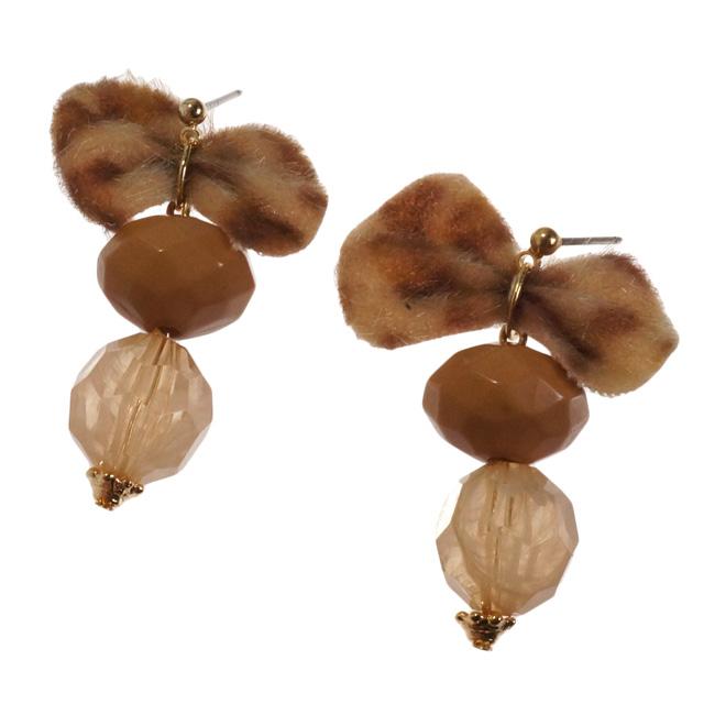 ピアス リボン レオパード アニマル柄 ヒョウ柄 ビーズ 多面