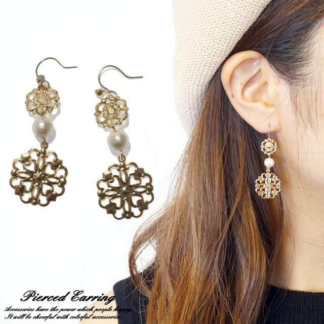 ピアス コットンパール フラワー 花 透かしパーツ サージカル