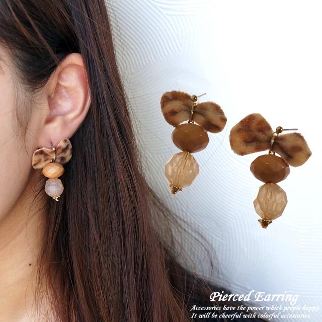 ピアス リボン レオパード アニマル柄 ヒョウ柄 ビーズ 多面