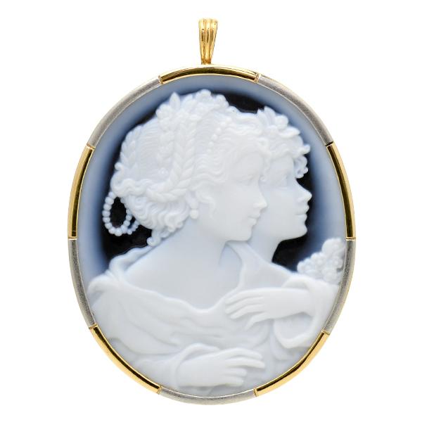 青メノウ カメオ ブローチペンダント K18YG Pt900 緻密な彫刻が美しい