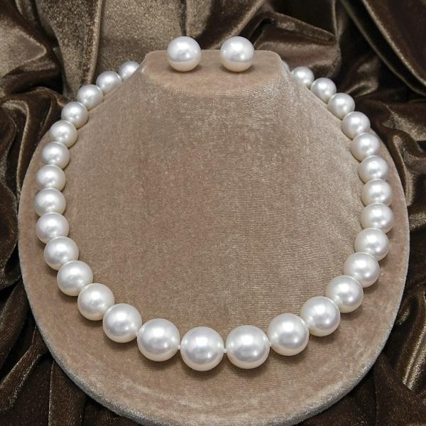 K14WG 15mm 白蝶真珠 ネックレス ピアス/イヤリング セット 鑑別書付