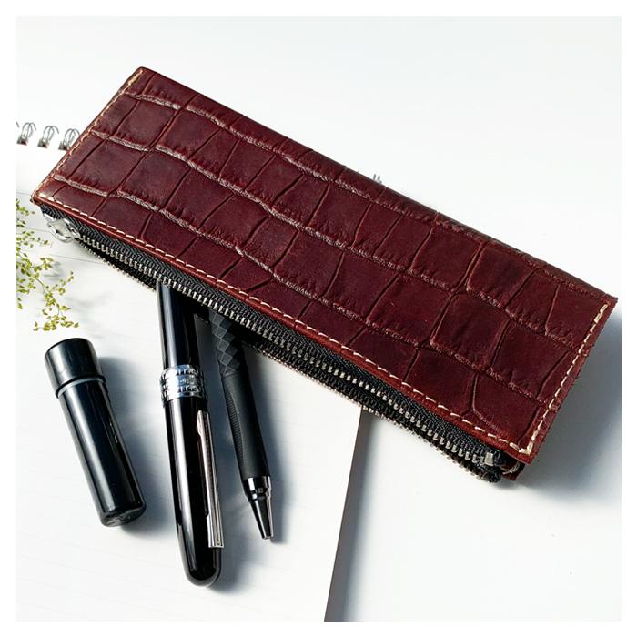 本革 クロコダイル 型押し ペンケース 筆箱 牛革 レザー ペン入れ