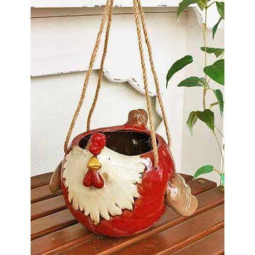 輸入雑貨 ハンギングポット 陶器 ニワトリ 赤 フラワーポット