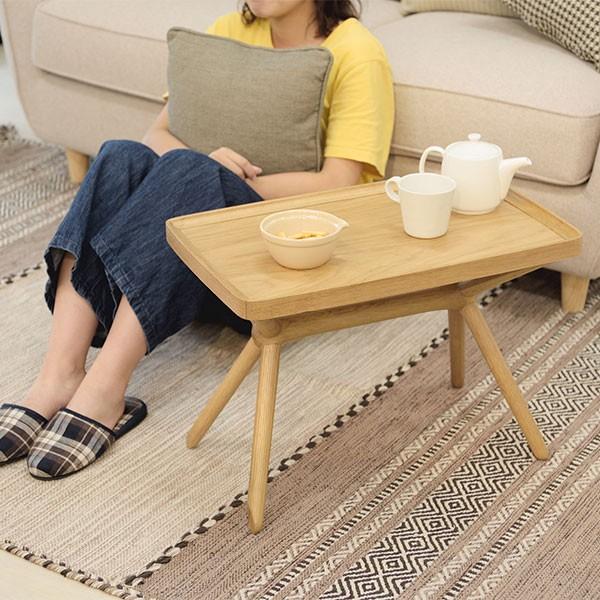 サイドテーブル 2WAY 天然木 幅54cm （ トレイ 高さ調節 木製 机