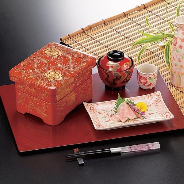 重箱 木製 殿様足付丼重 2段 洗朱内朱沈金牡丹 食器 越前漆器 漆塗