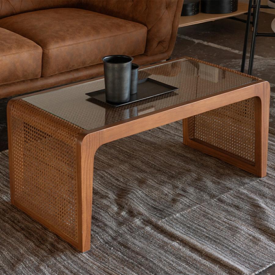 東谷 センターテーブル ローテーブル ラタン ガラステーブル 天然