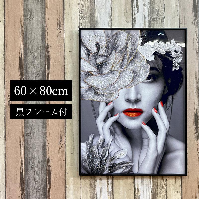 水晶パネル アートパネル 水晶絵 60×80cm 黒フレーム付き 女性 人物